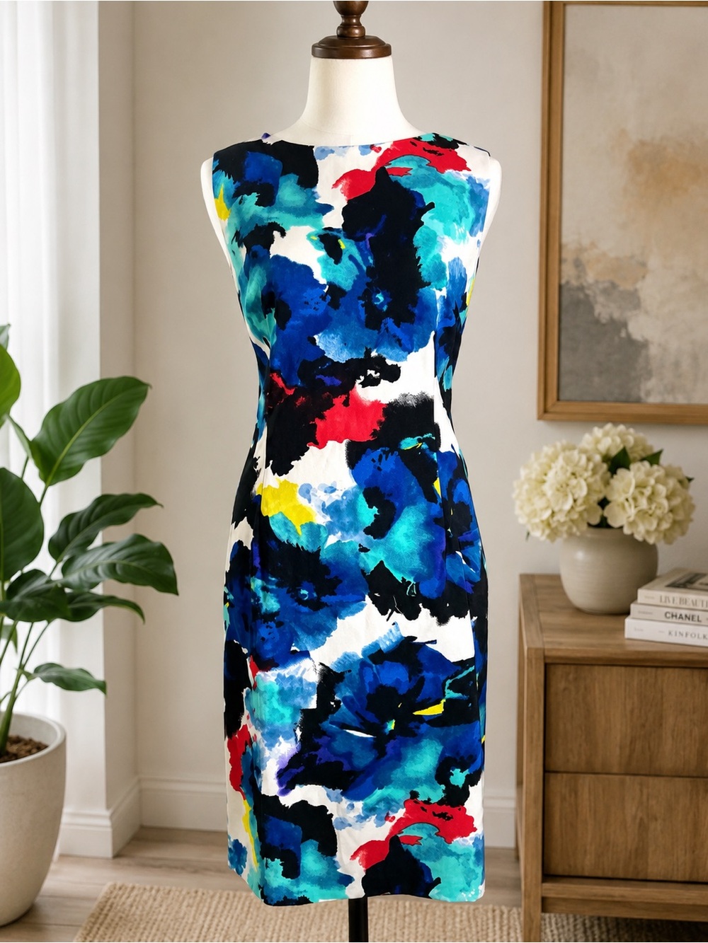 Mario Serrani Sleeveless Abstract Floral Midi Dress in Blue, Black, Red & Yellow